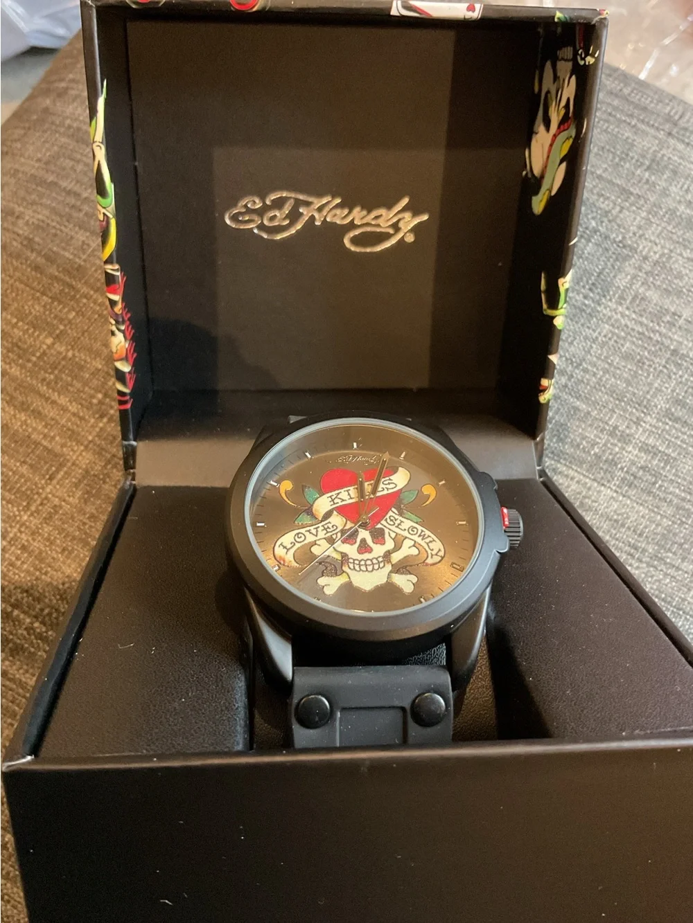 Ed Hardy Men’s Matte Black Silicone Strap Watch 46mm – NIB Love Kills Slowly